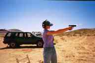 (Shooting at chez Maly, August 2002) Sasha Garofalo shoots Glock